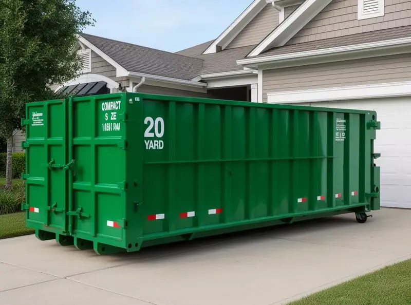 20-yard roll-off dumpster on a home driveway in front of a garage